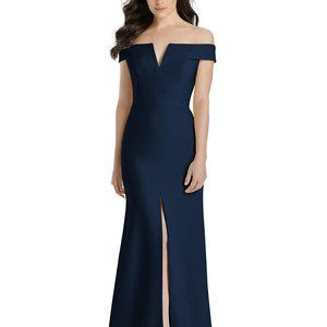 Dessy 3038..Off-the-Shoulder Notch Trumpet Gown with Front Slit..Midnight.Sz 12